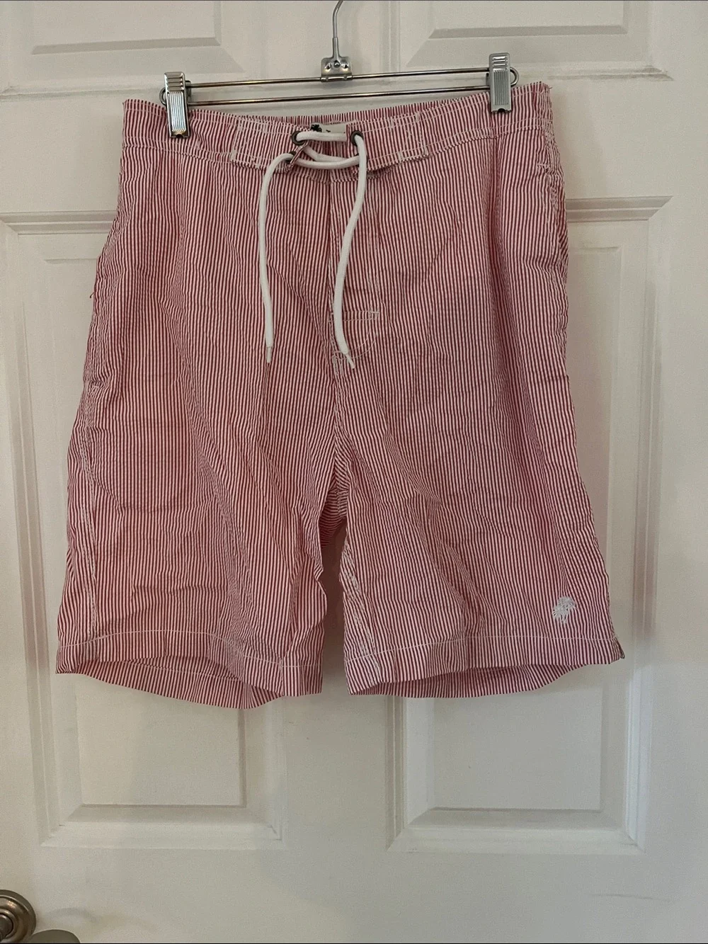 Men's Red & White Seersucker Swim Board Shorts
